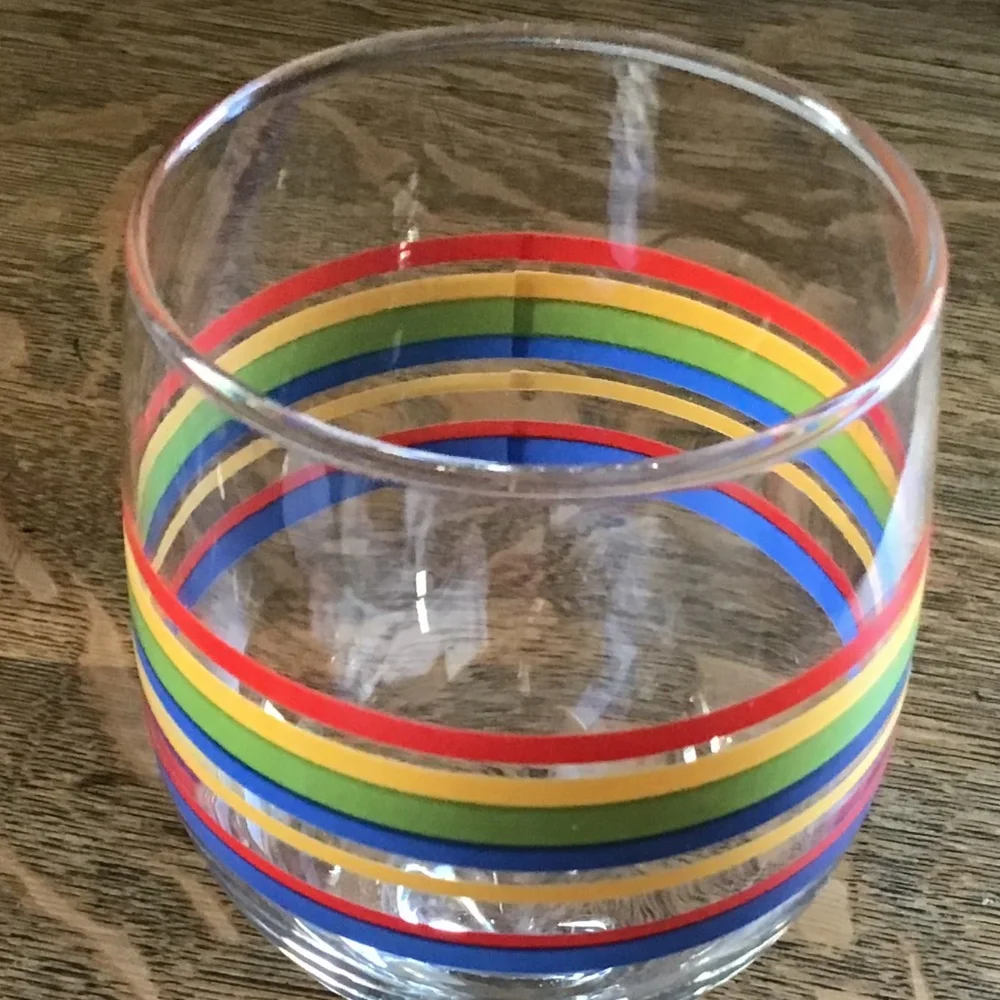 Vintage Libbey Fiesta Mambo Striped Wine Glass Blue Green Red Yellow Rings